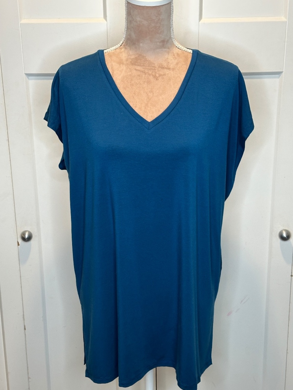 NWT Eileen Fisher Stretch Knit Jersey V-Neck Cap Sleeve Boxy Top, Atlan, Sz M